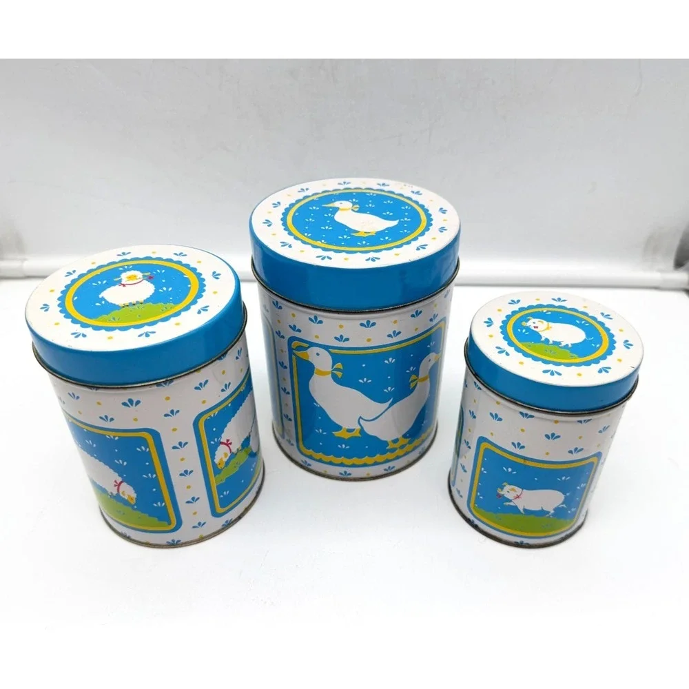 W.A. Vintage 1984 Country Farm Animals Nesting Tin Canister Set Blue 3 Piece